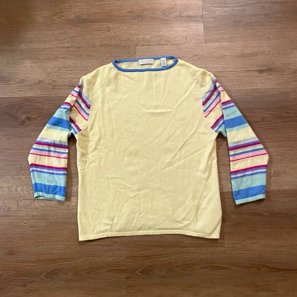 Vintage Lord & Taylor 100% Cashmere Sweater Pastel Yellow Striped Sleeves XL